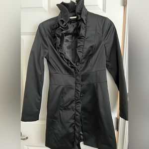 Black satin jacket, embellished with floral collar